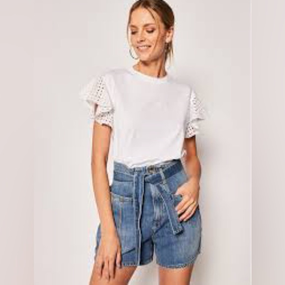 Karl Lagerfield Short Lace Ruffle Sleeve White T-Shirt